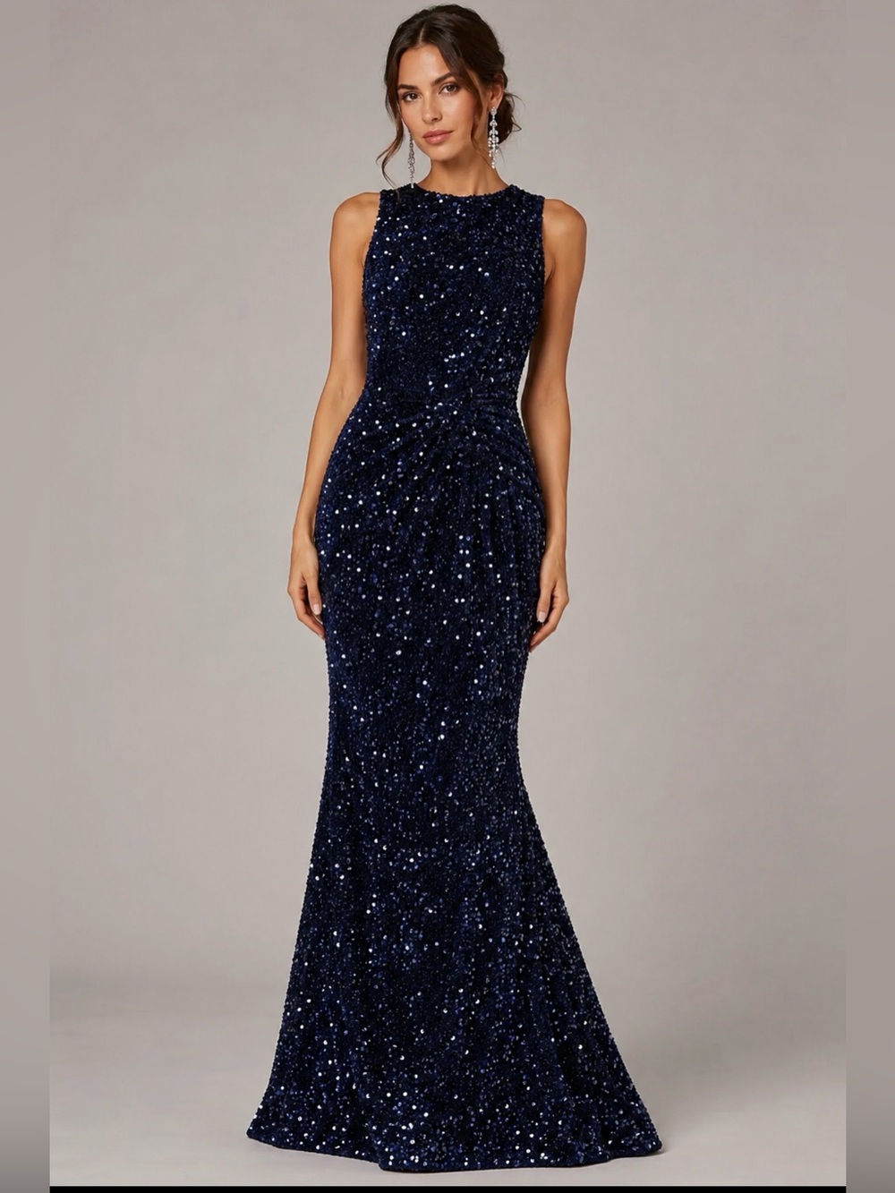 Badgley Mischka Midnight Blue Velvet Sequin Mermaid Gown Formal Evening Dress 8